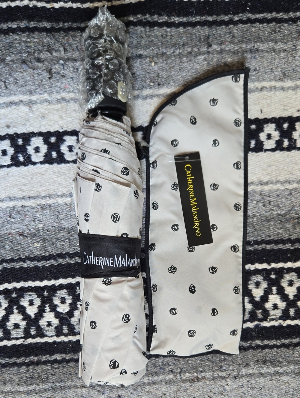 Catherine Malandrino Cream Umbrella with Black Dot Rose Motif